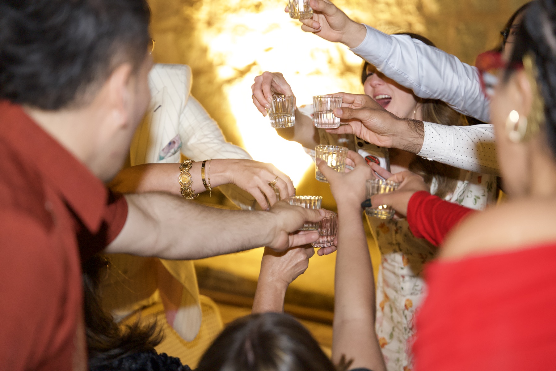 Grupo de invitados levantando vasos en una celebración
