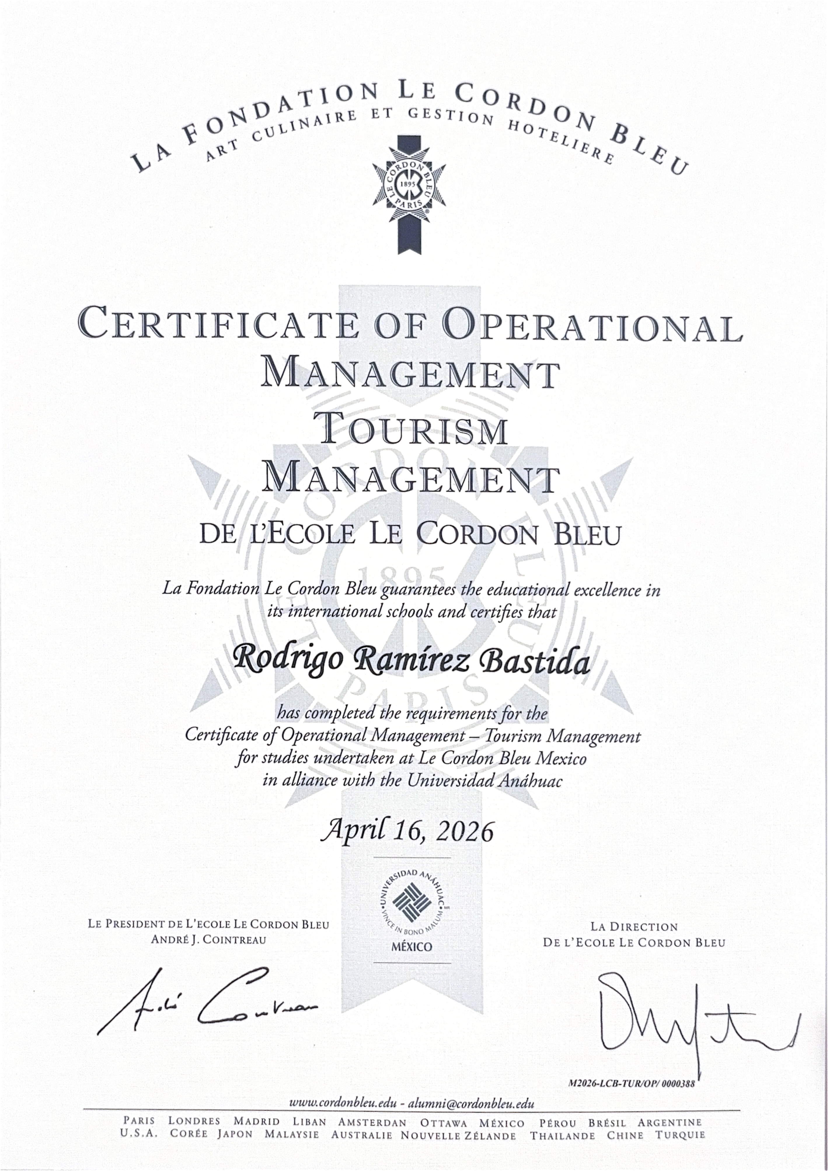 Certificate of Operational Management - Tourism Management for Rodrigo Ramirez Bastida