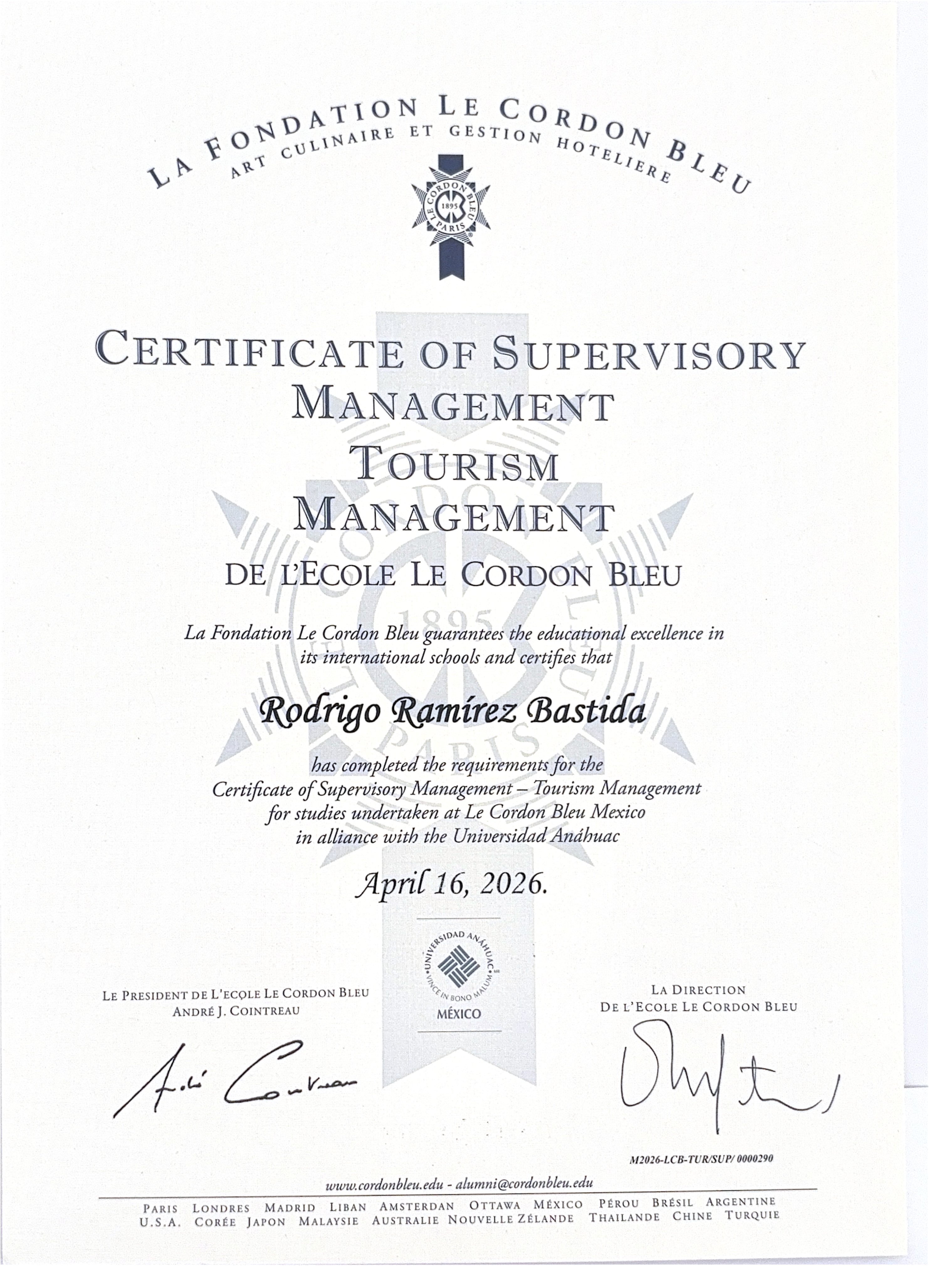 Certificate of Supervisory Management - Tourism Management for Rodrigo Ramirez Bastida
